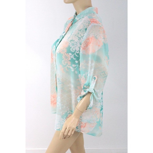 Chicos Blouse Womens Top size 3 XL 16 Tab Sleeve Green Peach Floral Split Back - Picture 2 of 10